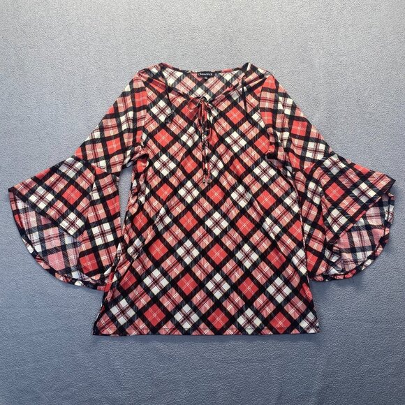 Chances‎ R Women’s Size Large Bell Sleeve Top Blouse Red Black - Picture 1 of 9